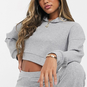 Custom Cropped <b>Women's</b> Hooded Sweatshirt Set Solid Color Loose Fit Full Length Knitted Cotton Casual Flared Pant - Product Image 5