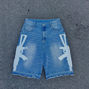 Jean en denim surdimensionné personnalisé pour homme, style décontracté, coupe ample, longueur genou, délavage vintage, avec broderie, respirant - Product Image 5
