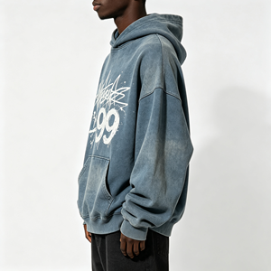 Sweat à capuche graphique vintage en coton épais, coupe oversize, style streetwear Y2K, imprimé avec logo personnalisé, décontracté - Product Image 3