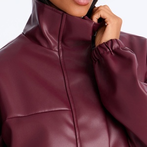 Chaqueta de Cuero Sintético Borgoña Personalizada para Mujer, Cuello Alto, Corte Holgado, Bolsillos Tipo Cargo, Chaqueta Utilitaria de PU, Ropa de Calle para Otoño e Invierno - Product Image 4
