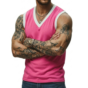 Premium Wholesale Bulk Men's V-Neck Sleeveless Vest Muscle Fit Contrast Ribbed Trim Stylish Casual Streetwear Tank <b>Tops</b> For Men - Product Image 4