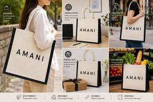 กระเป๋าผ้าแคนวาส AMANI ขนาด 16x14x6 นิ้ว สีเบจ พร้อมหูหิ้วผ้าฝ้ายสีดำ - Product Image 6