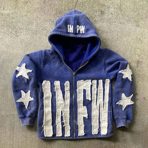 Custom Vintage Red Full Zip Hoodie Men Oversized Washed Distressed Star Patch Applique Heavyweight Fleece Streetwear Hoodie - Product Image 4