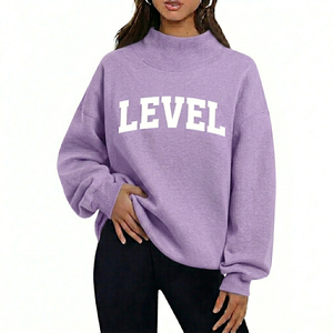 Sweat-shirt oversize à col montant pour femme, gris, imprimé lettres, épaules tombantes, manches longues, en coton tricoté, pour l'automne - Product Image 6