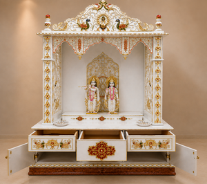 Customized Radha Krishna Temple for Home White And Gold Pooja <b>Mandir</b> With Peacock Carvings With Storage Drawers Puja Unit Sydney - Product Image 4
