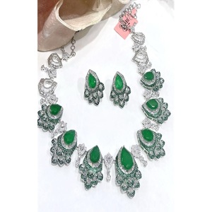 Pretty Premium Quality Silver Plated Moissanite <b>Statement</b> Fusion <b>Necklace</b> Set with Earrings for Wedding & Party Wear - Product Image 1