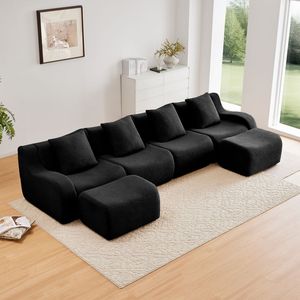 32D High Density Sp <b>U</b>-Shaped Boneless Sofa Teddy Fabric Streamlined Design Curved Armrest No Assembly Required for <b>Living</b> Room - Product Image 2