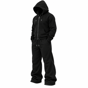 Ensemble de survêtement unisexe noir à capuche avec fermeture éclair intégrale et poches latérales, coupe classique, streetwear décontracté, vêtements d'automne, pantalon de survêtement 100% coton - Product Image 5