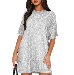 Latest Style Rhinestones Silver Sequin <b>Dress</b> Short Sleeve Oversized Crew Neck Sparkly Party Cocktail Evening Mini Sequined <b>Dress</b> - Product Image 1