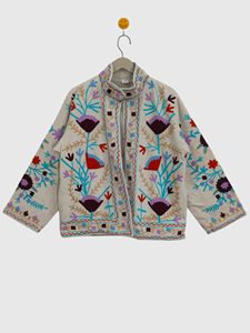 Veste à col mandarin brodée à la main avec des motifs floraux, manches longues, en coton, pour femmes, taille plus, style Prairie Chic, à porter au printemps - Product Image 1