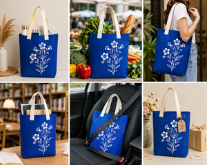Sac fourre-tout en jute bleu avec poignées beiges, imprimé floral, grand format, réutilisable pour la plage, les voyages, le quotidien et le shopping - Product Image 6