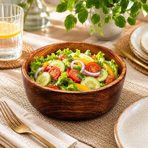 Bol à salade en bois d'émail de manguier avec fourchette et cuillère à salade – Élégance écologique – Bols en bois émaillé pour maisons modernes - Product Image 1