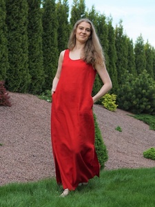 Nuevo Vestido de Verano de Algodón con Corte en A, Rojo, Maxi, Ecológico, para Invitadas de Boda, Fiesta o Cóctel, para Mujer - Product Image 3