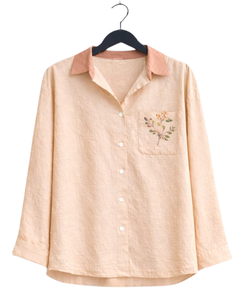 Conjunto de pijama de lino y algodón para mujer Peach, camisa con botones y bolsillo bordado y pantalones con cordón, conjunto de ropa de dormir informal para estar en casa - Product Image 1