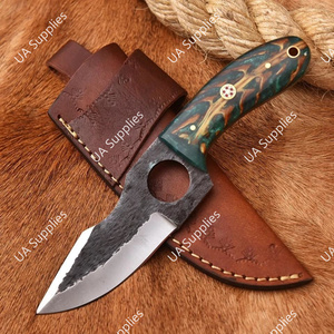 UA Supplies OEM Couteau à lame fixe en acier à haute teneur en carbone, forgé à la main, avec trou pour le pouce, manche exotique en forme de cône de pin, fourreau en cuir, pointe tombante - Product Image 5