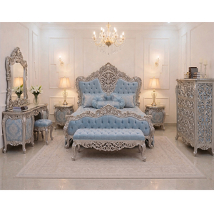 Ensemble de meubles de chambre élégant en bois massif orné d'argent, finition dorée, avec lit, armoire et commode – Vente chaude en Australie - Product Image 1