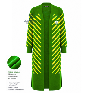 Chi Eta Phi Women's Longline Open Front <b>Cardigan</b> Green Yellow Striped Ribbed Cuffs Embroidered Duster <b>Sweater</b> With Side Slits - Product Image 2
