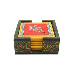 Handmade Wooden Tea <b>Coaster</b> <b>Set</b> of 6 With Holder Traditional Hand-Painted Madhubani Folk Art Heat Resistant Eco-Friendly Drink - Product Image 1