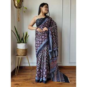 TRABAJO DE ESTAMPADO DIGITAL DE LINO ATRACTIVO SAREE CON BOLUSE SIN COSTURA MULTI - Product Image 1