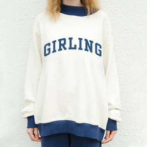 เสื้อสเวตเชิ้ตคอกลมโอเวอร์ไซส์สำหรับผู้หญิง สีขาวขอบแดง ผ้าฝ้าย แขนยาว สวมใส่สบาย เสื้อฮู้ดดี้และเสื้อสเวตเชิ้ตสำหรับผู้หญิง - Product Image 3