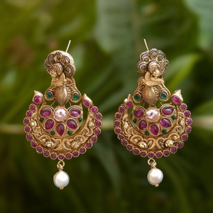 Rose Gold Peacock Chandbali Drop Earrings with Pearl and Ruby Kemp Embellishment - Product Image 3