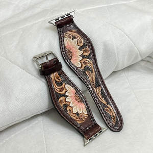 2026 Hand-made Quick Release Genuine Leather Watch Straps Trendy Floral Design Tooled Leather Smart Watch Replacement <b>Wrist</b> <b>Band</b> - Product Image 4