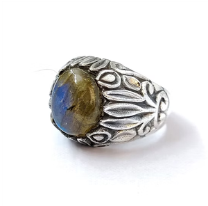Men's Natural <b>Labradorite</b> Signet <b>Ring</b> 925 Sterling Silver Oval Blue Flash Stone Textured Leaf Band Gift - Product Image 2