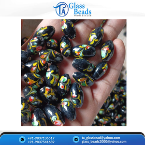 Cuentas de vidrio artesanales negras con diseño floral, ovaladas en forma de arroz, pintadas a mano, estilo vintage, para collares DIY - Product Image 3