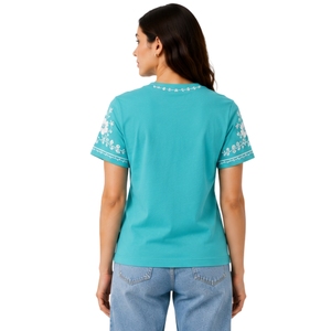 เสื้อยืดคอกลมผ้าฝ้ายปักลายดอกไม้สีขาวสำหรับผู้หญิง สีเทอร์ควอยซ์ แขนสั้น สไตล์ลำลอง รับผลิตตามสั่ง (OEM) คุณภาพพรีเมียม แฟชั่นฤดูร้อน - Product Image 2