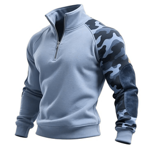 Sweat-shirt à col zippé pour homme, manches camouflage, coupe ajustée, en molleton français, pull décontracté pour l'automne - Product Image 2