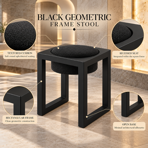 Contemporary Black Frame Accent <b>Stool</b> | Textured Round Cushion Recessed <b>Seat</b> Open Base Modern Geometric Seating Indoor Furniture - Product Image 5