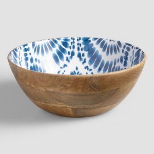 Bol à salade en bois de manguier, émail floral bleu, écologique, fait main, durable, style américain, bol de service - Product Image 2