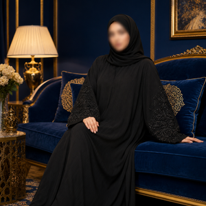 Abaya Bordada a Mano |   Vestido musulmán modesto negro Nida para mujer con intrincados detalles en las mangas, ropa islámica de longitud completa, moda elegante. - Product Image 4
