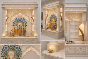 Modern Teak Wood Pooja Temple in White Finish Luxury White Teak Wood Ram Darbar Pooja <b>Mandir</b> High-End Wooden Hindu Shrine - Product Image 6