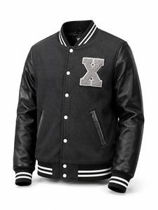 Unisex <b>Black</b> Varsity <b>Jacket</b> PU Leather Sleeves Embroidered X Letter Front Turn-down Collar Patchwork Streetwear Winter Casual - Product Image 1