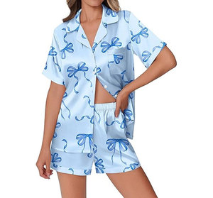 Ensemble de pyjama en satin pour femmes, manches courtes, imprimé panda, col rabattu, fermeture à boutons, vêtements de nuit d'été, vêtements décontractés - Product Image 1
