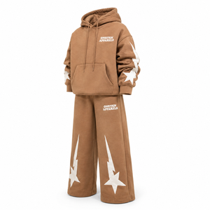 Custom Printed <b>Brown</b> Hooded Sweatshirt Wide Leg <b>Jogger</b> Pants Set Sleeveless Loose Fit Streetwear Geometric Print Unisex Infants - Product Image 2