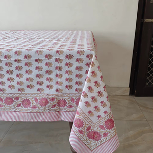 Mantel rectangular hecho a mano con estampado Floral rosa, algodón puro, nuevo bloque impreso para casa de campo india, boda o uso doméstico - Product Image 1