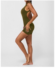 Women Solid Color High Waist Seamless Bodysuit Sleeveless Stand Neck Yoga Set Olive Green by AMAZING INDUSTRIES - Product Image 2