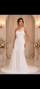 Hand Beaded Sleeveless V-Neck Modern Bridal Dress Crystal Embroidery Draped Satin Skirt Natural Waistline Floor-Length Sweep - Product Image 3