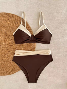 Conjunto de Bikini Color Block para Mujer, Top Bandeau y Braguita de Cintura Alta con Ribete en Contraste, Traje de Baño de Dos Piezas para Playa 2026 - Product Image 1