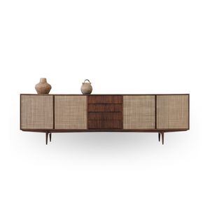 Commode moderne en bois de teck avec portes cannées, meuble de rangement autoportant en bois massif pour appartement, chambre et salon - Product Image 1