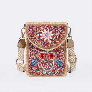 Sac à bandoulière artisanal en coton et rotin multicolore avec perles, motif mosaïque de créateur, sac à main de luxe pour femme - Product Image 1