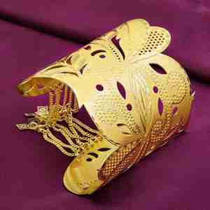 Wholesale 14K 18K 24K Dye Gold Plated Wide Cuff <b>Bracelet</b> Featuring Intricate Cutwork Designs And Dangling Chains <b>Fashion</b> Jewelry - Product Image 1