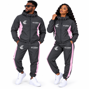 Unisex <b>Tracksuit</b> <b>Set</b> Black <b>Pink</b> Color Block Hooded Zipper Sporty Style Adult Autumn Wear casual sports lightweight <b>tracksuit</b> - Product Image 3