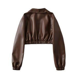 QASWA SPORTS Custom Women Cropped Leather Bomber <b>Jacket</b> Turn Collar Pocket Zipper Elastic Hem Casual Streetwear Vintage - Product Image 3