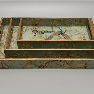 ชุดถาดเสิร์ฟลายเรขาคณิตสีเขียว 3 ชิ้น ทำจาก MDF และกระดาษ ถาดซ้อนกันได้ สำหรับตกแต่งบ้านสไตล์โมเดิร์นและใช้เสิร์ฟ - Product Image 5