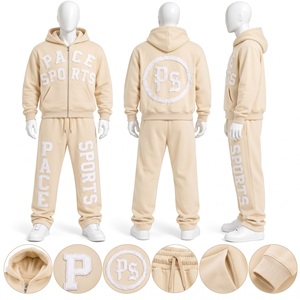 mens retro cream beige tracksuit chenille patch embroidery full zip <b>jacket</b> matching <b>straight</b> sweatpants heavy fleece 2 piece set - Product Image 1