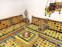 Ensemble de coussins de sol orientaux arabes pour deux personnes, motif Qatar, couleur moutarde, avec garnissage en mousse de densité 22