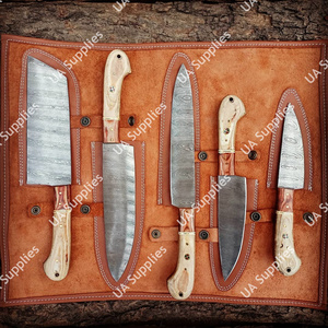 Ensemble de 5 couteaux de cuisine professionnels en acier Damas, fabriqués à la main, manche ergonomique en bois d'olivier, sac de transport en cuir, OEM - Product Image 2
